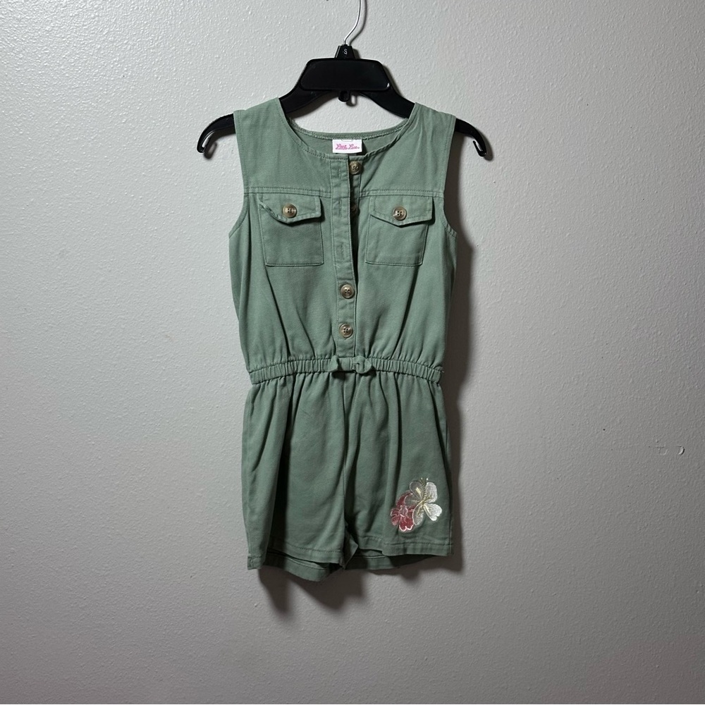 Little Lass Girls Kids Military Green Embroidered Sleeveless Romper size 8.